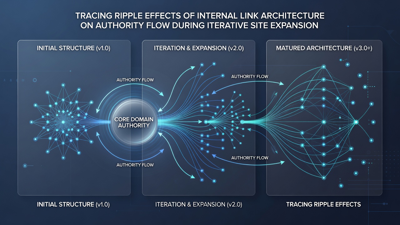 Screenshot of diagnostic platform dashboard displaying authority flow metrics and link equity distribution during site expansion phases